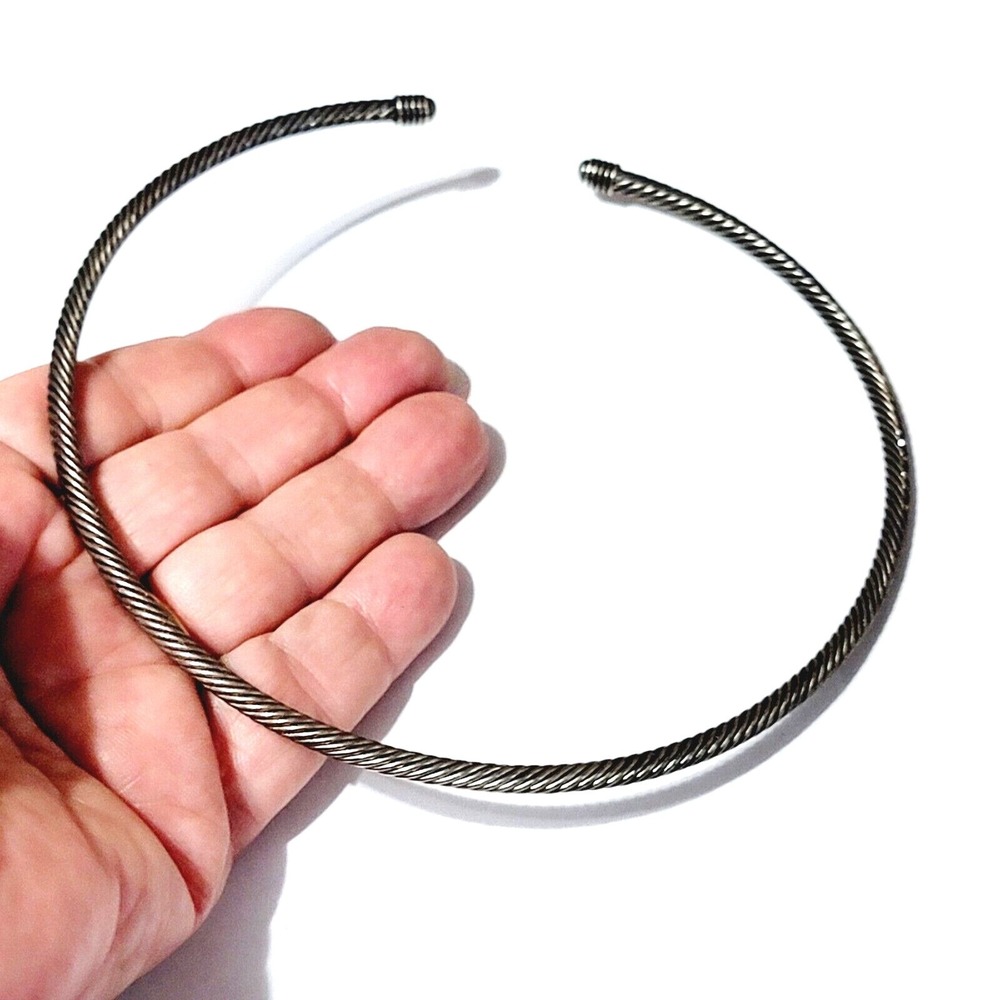 Textured Cuff Necklace‎ Silver & Black Knob Ends Flexible Statement Jewelry cf03